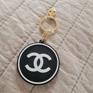 Chanel-Inspired Black and White Logo Keychain with Gold Hardware